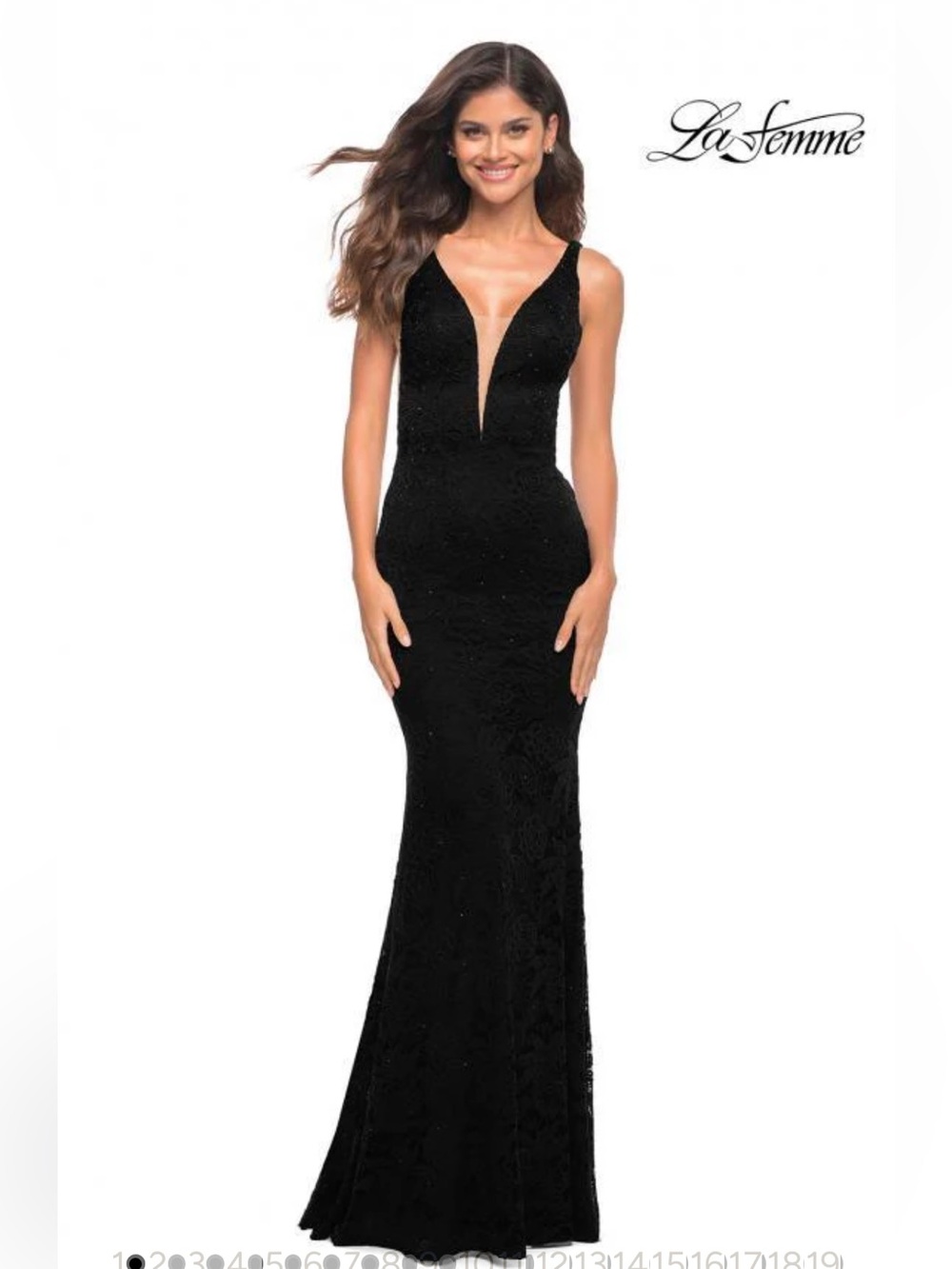 La Femme Lace stretch gown with  Deep V mesh Plunge
